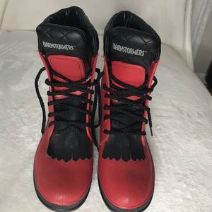 Red and black rain boots